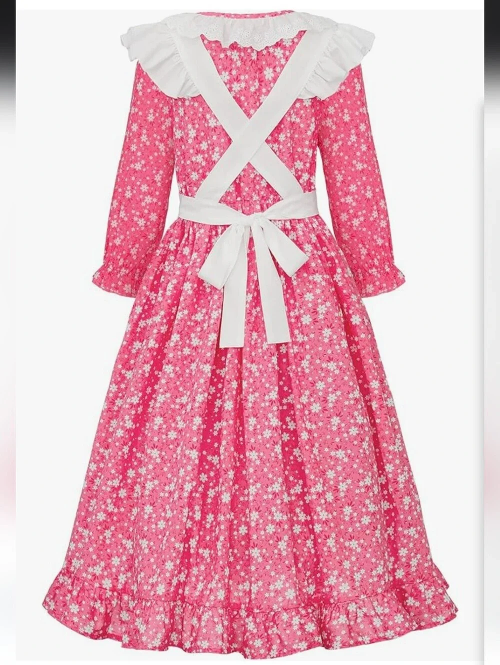 Girls' Pink Floral Pioneer Costume with White Apron and Bonnet